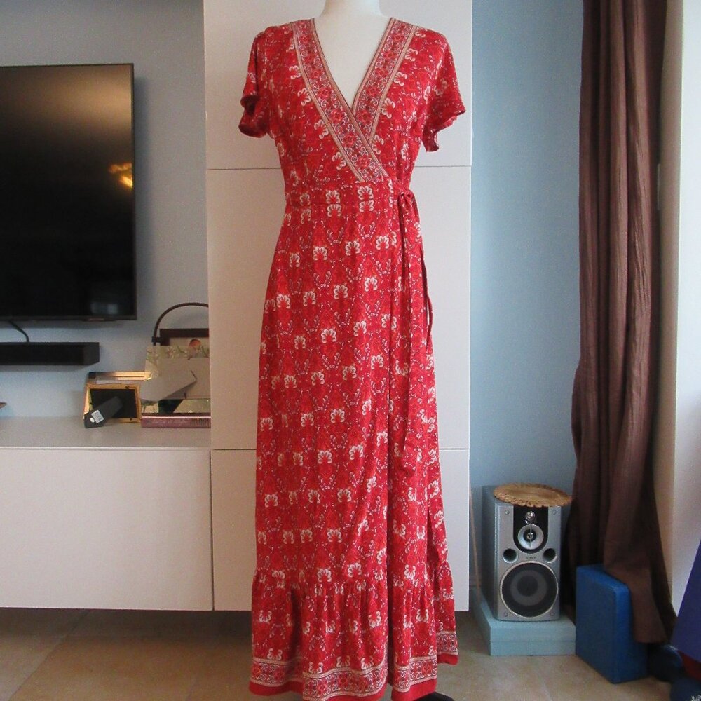 Zesica Women's Size S Bohemian Flowing Wrap Dress, Short Sleeve V-Neck Red